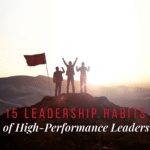 Silhouettes of three leaders standing on a mountain summit at sunrise with a flag, representing the 15 high-performance leadership habits