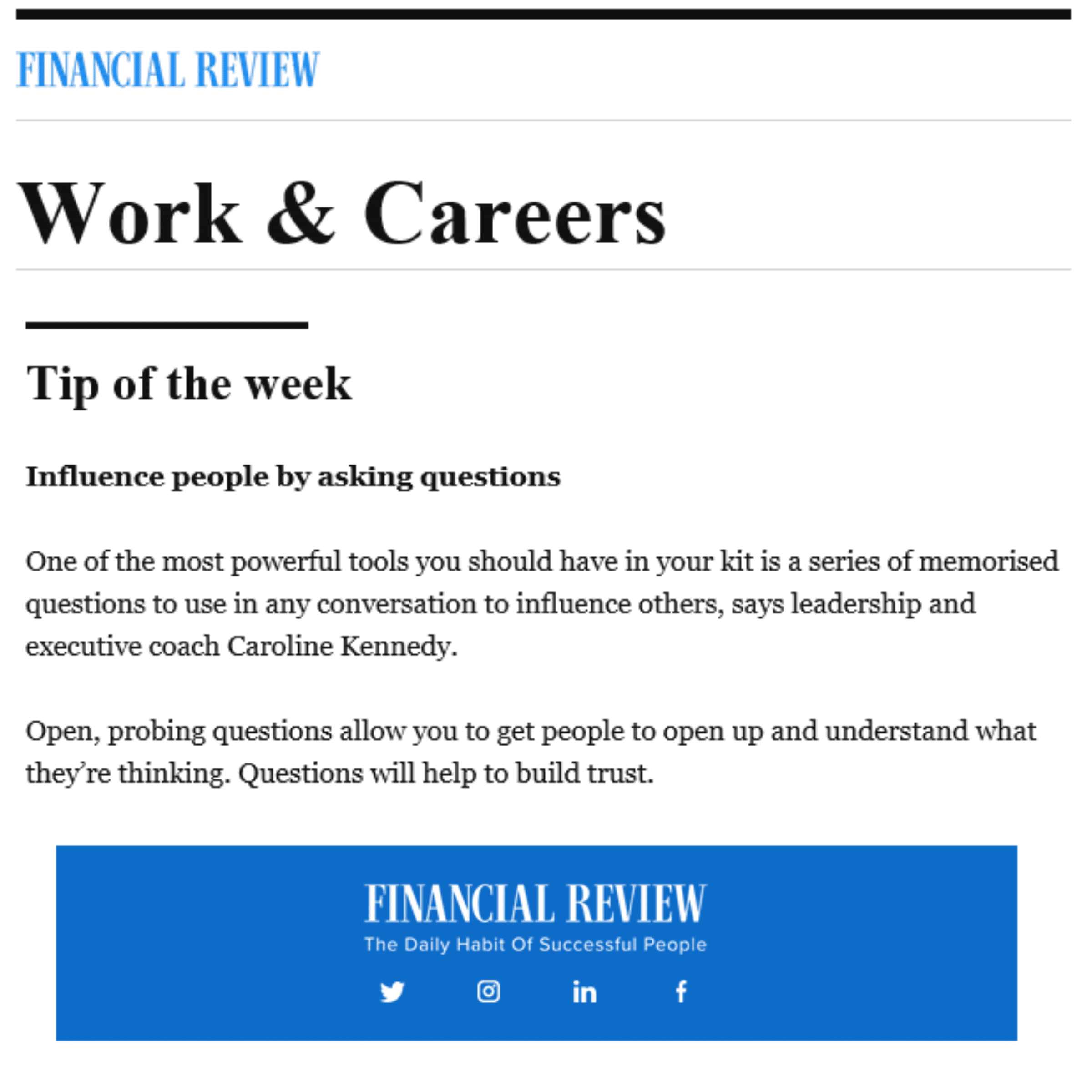Australian Financial Review Tip Of the Week Caroline Kennedy Executive Coach